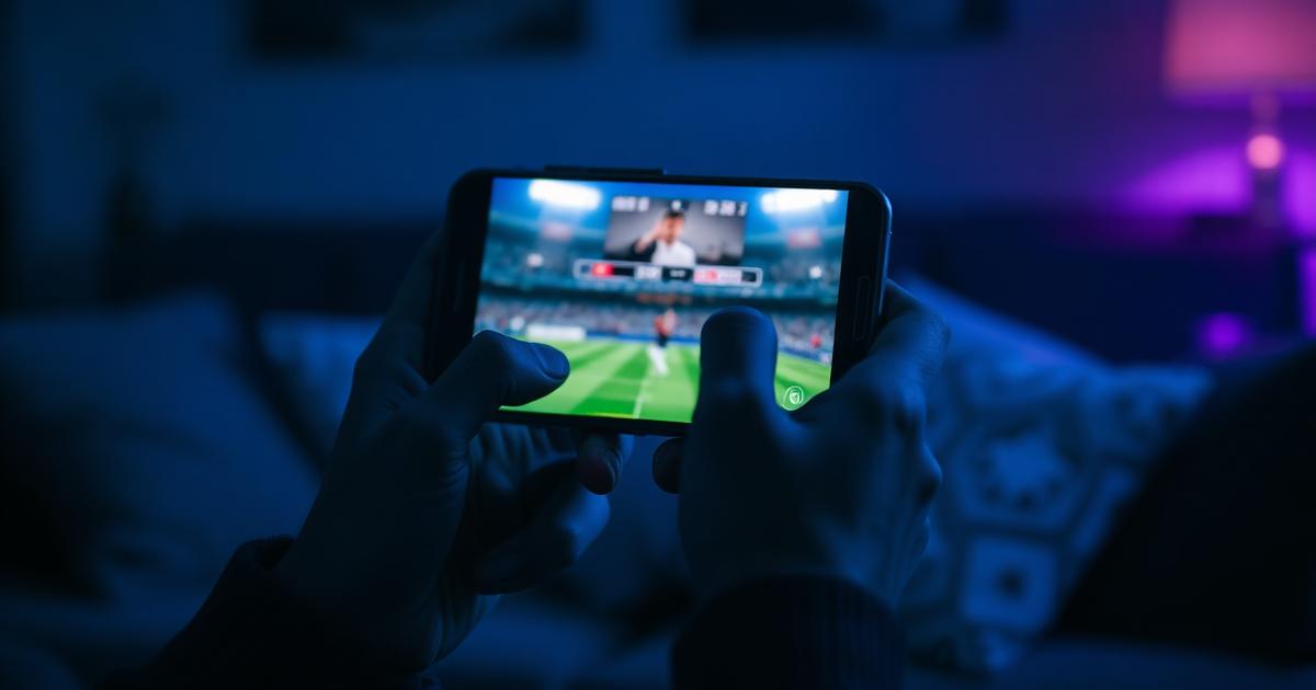 Mãos segurando um celular que transmite um jogo de futebol ao vivo por IPTV
