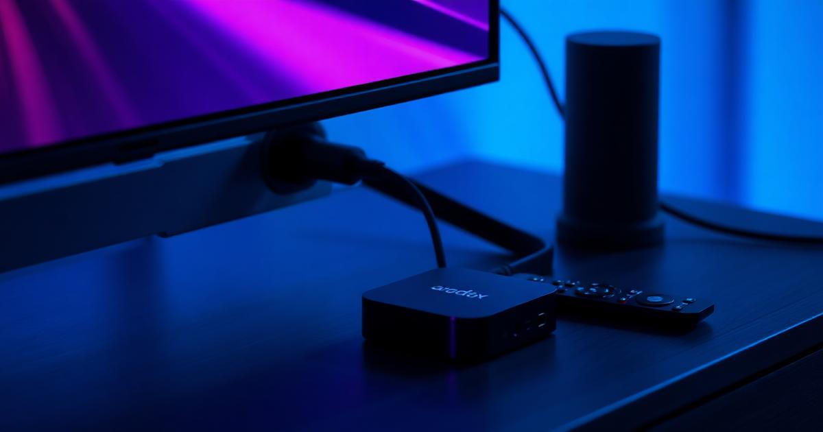 TV Box Android conectada por cabo HDMI à televisão, com controle remoto ao lado