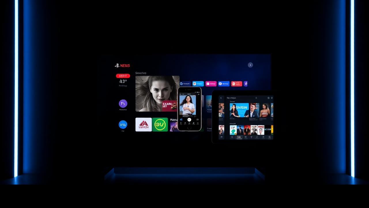 Smart TV, smartphone e tablet rodando o aplicativo IPTV da VisionPlay