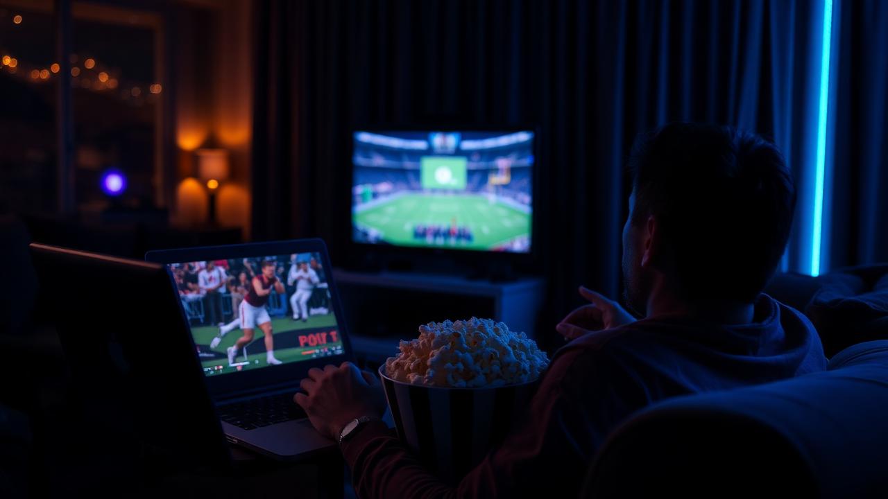 Pessoa assistindo futebol ao vivo com IPTV no notebook e na TV